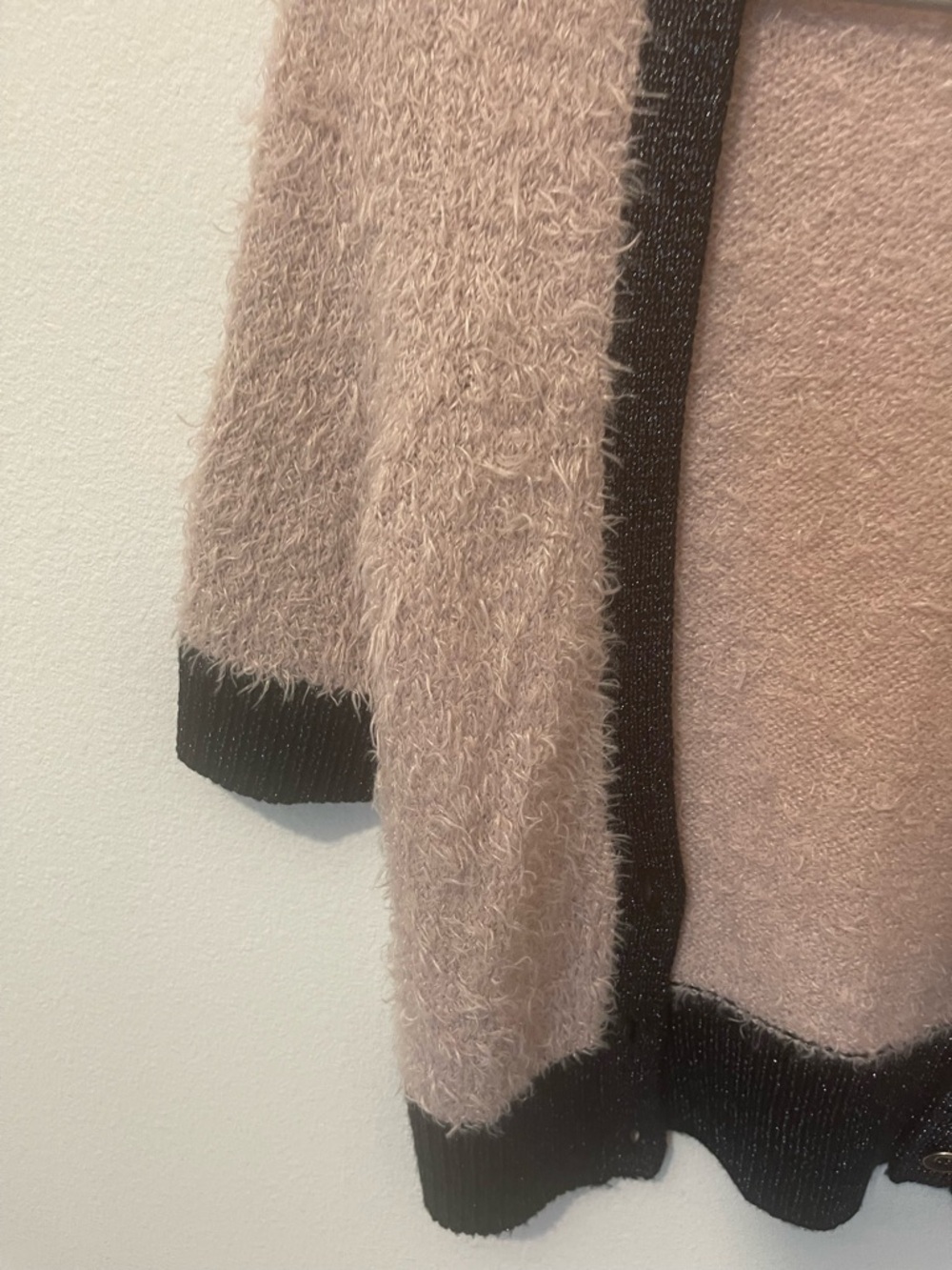 Decree Fuzzy Short-Sleeve Cardigan in Taupe with Black Trim - Picture 3 of 6